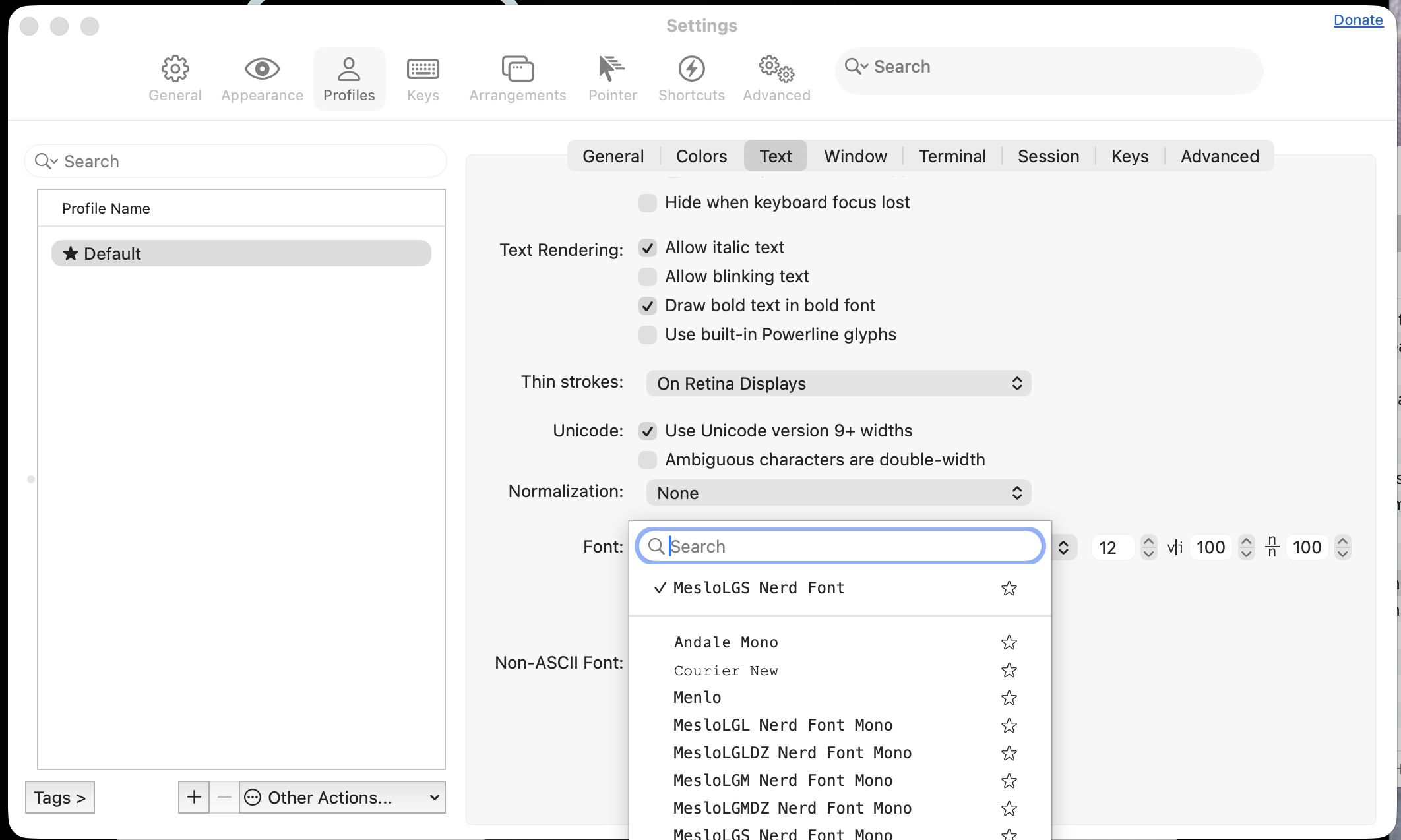 iTerm2 font selection showing MesloLGS NF