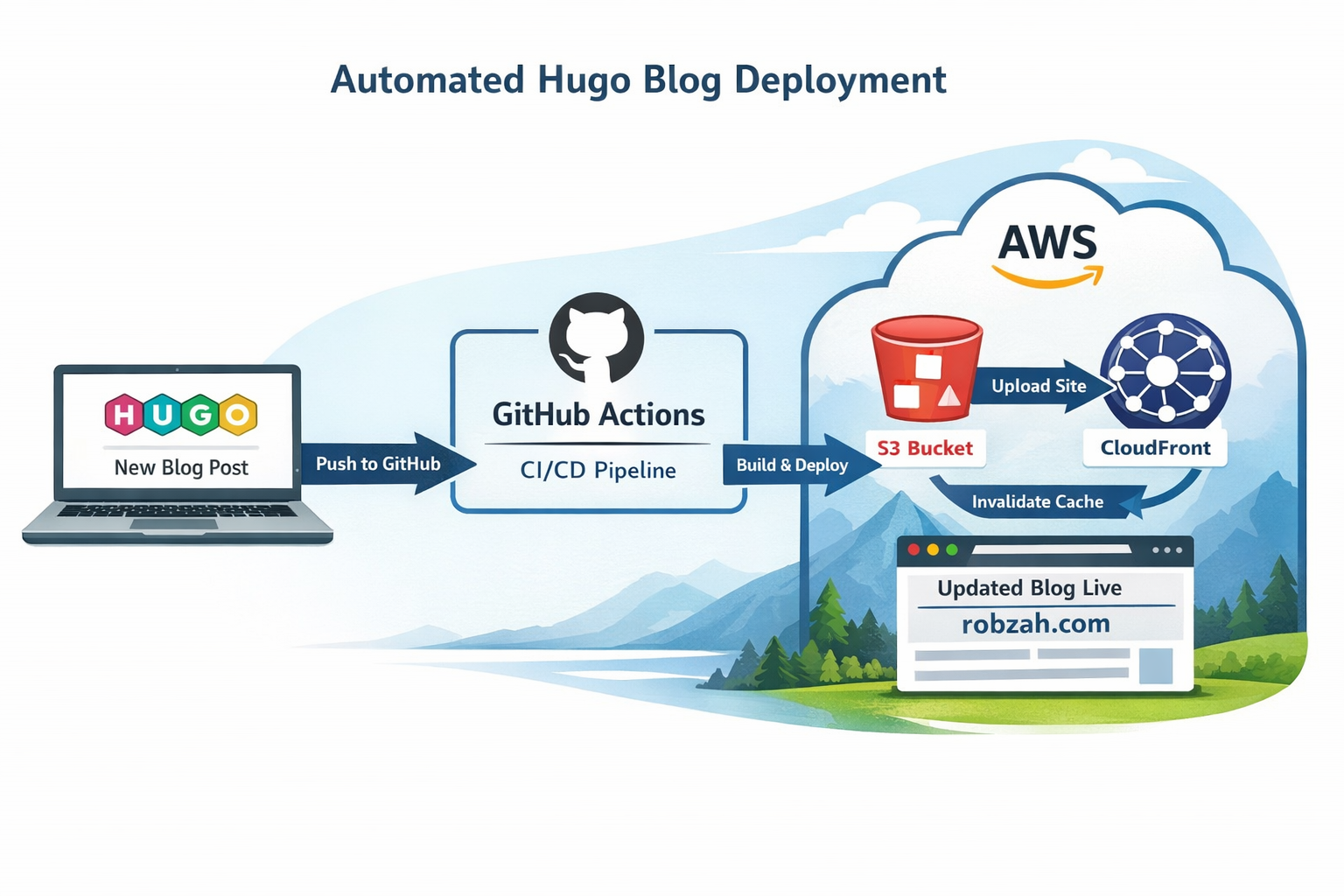 CI/CD pipeline diagram showing automated Hugo deployment from GitHub Actions to AWS S3 and CloudFront
